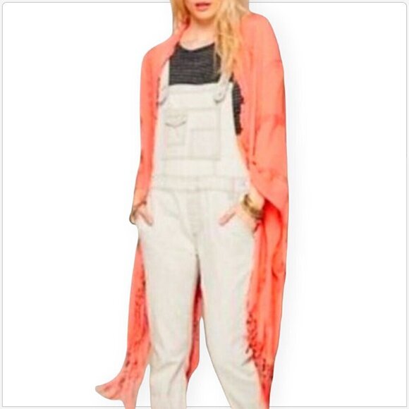 Free People Muche Et Muchette Rory Ruana Shawl Fringe Wrap Coral Peach Boho O/S - Picture 4 of 8